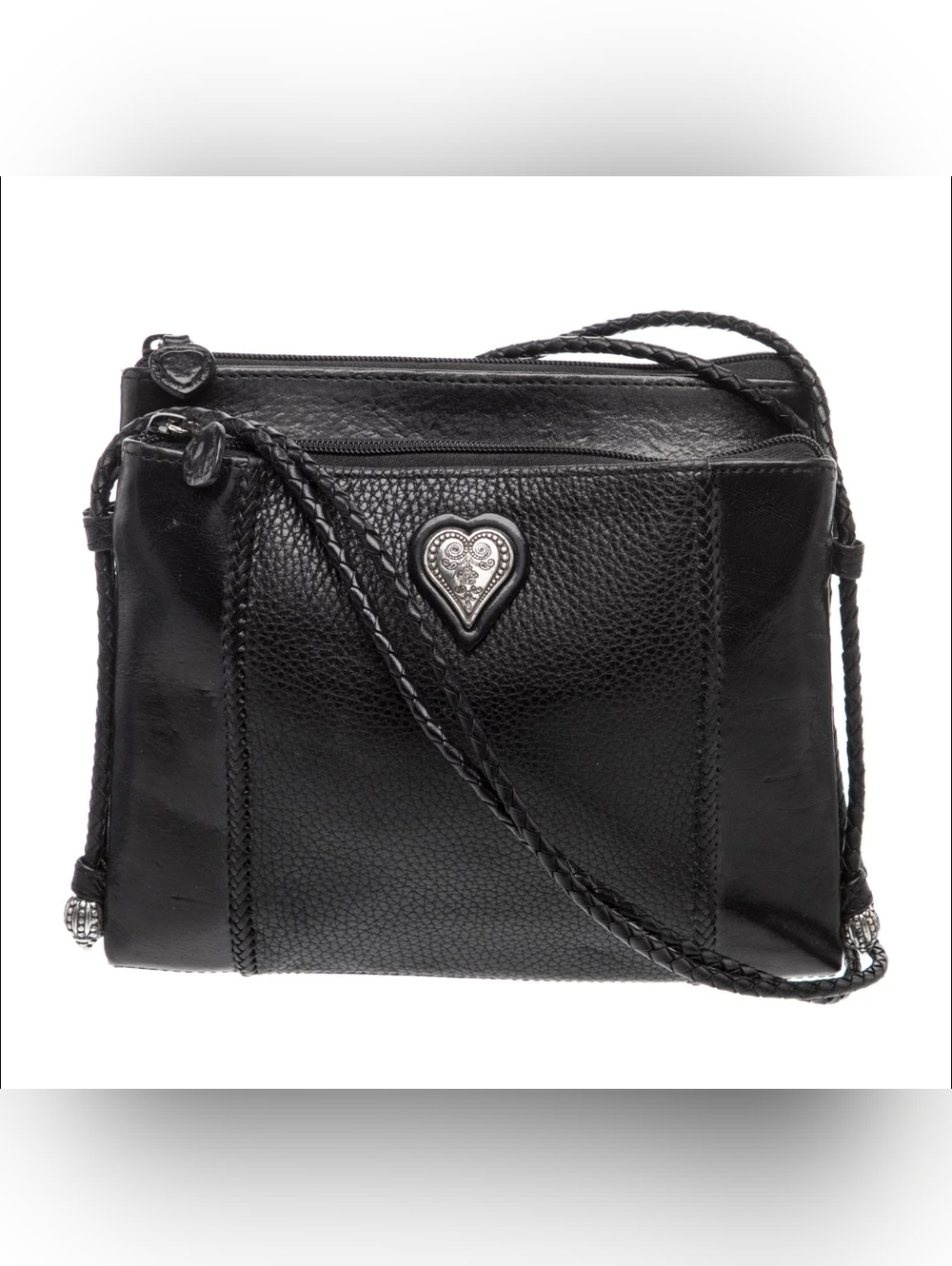 BRIGHTON Women's Black Leather Organizer Crossbody Handbag Braided Straps Hearts